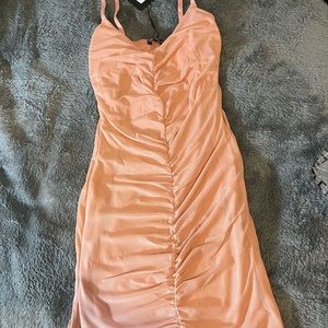 Pink strappy mesh ruched front bodycon